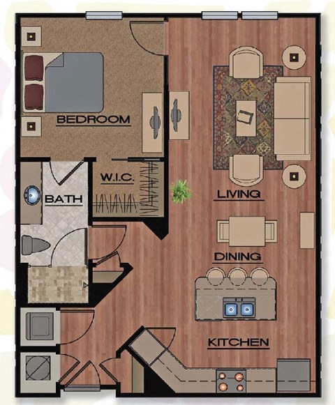 Floor plan for 1 bed, 1 bath, 881 sqft