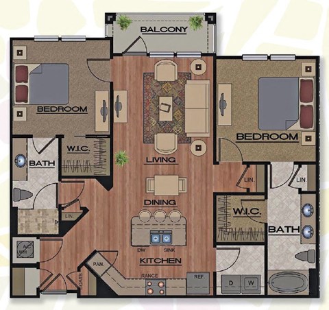 Floor plan for 2 beds, 2 baths, 1135 sqft