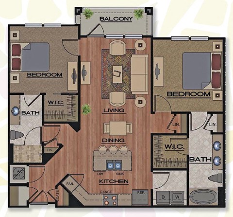 Floor plan for 2 beds, 2 baths, 1135 sqft