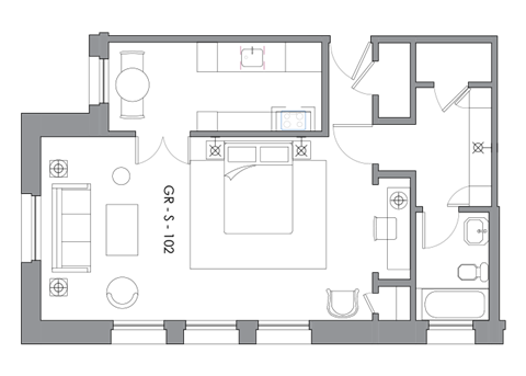 Floor plan for studio, 1 bath, 600 sqft