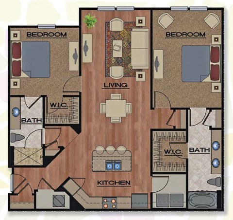 Floor plan for 2 beds, 2 baths, 1275 sqft