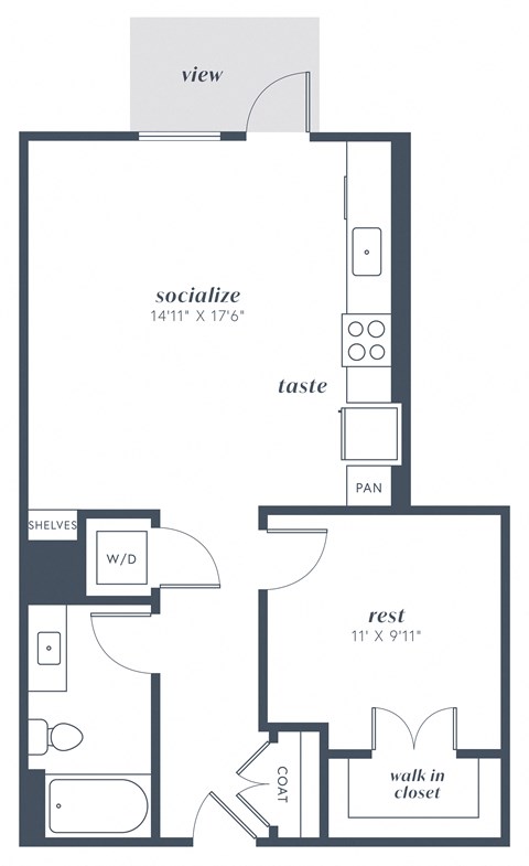 Floor plan for 1 bed, 1 bath, 709 sqft