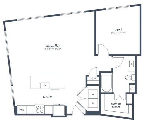 Floor plan for 1 bed, 1 bath, 944 sqft