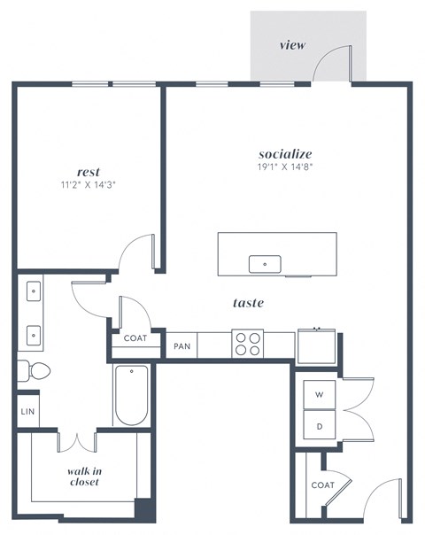 Floor plan for 1 bed, 1 bath, 972 sqft