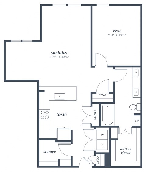 Floor plan for 1 bed, 1 bath, 986 sqft