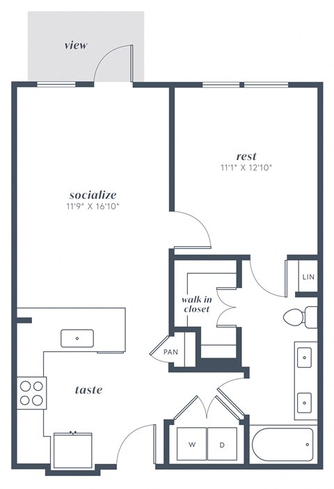 Floor plan for 1 bed, 1 bath, 721 sqft