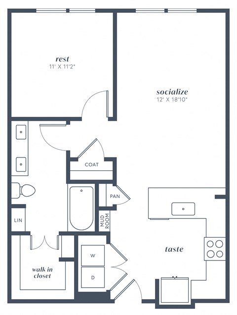 Floor plan for 1 bed, 1 bath, 770 sqft