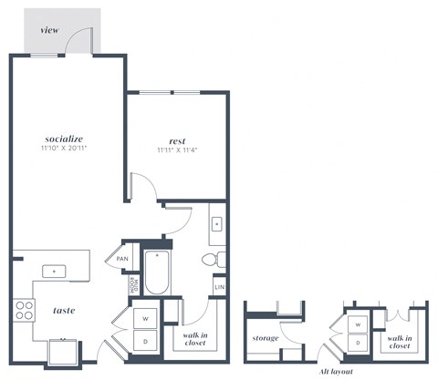 Floor plan for 1 bed, 1 bath, 770 sqft