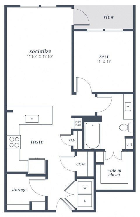 Floor plan for 1 bed, 1 bath, 833 sqft