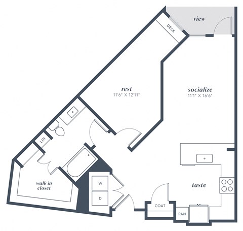 Floor plan for 1 bed, 1 bath, 833 sqft