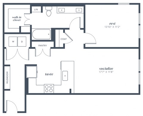 Floor plan for 1 bed, 1 bath, 900 sqft