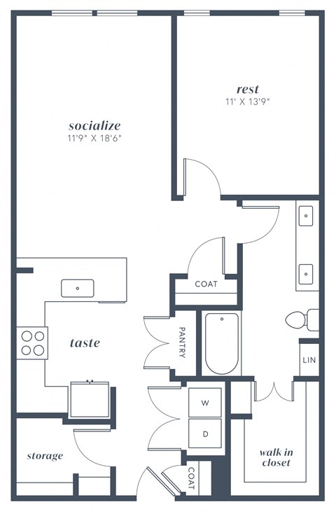 Floor plan for 1 bed, 1 bath, 913 sqft