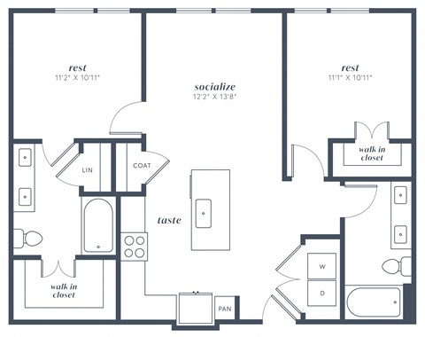 Floor plan for 2 beds, 2 baths, 1010 sqft