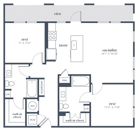 Floor plan for 2 beds, 2 baths, 1105 sqft