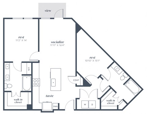 Floor plan for 1 bed, 2 baths, 1119 sqft
