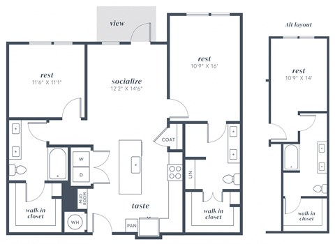 Floor plan for 2 beds, 2 baths, 1144 sqft