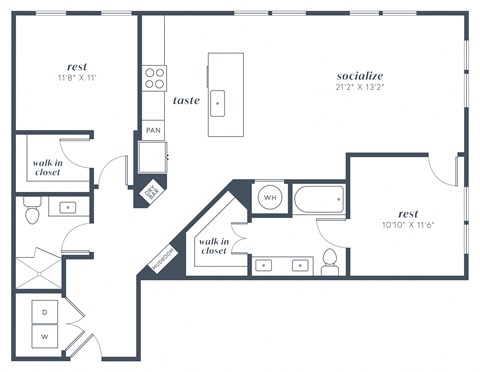 Floor plan for 2 beds, 2 baths, 1242 sqft