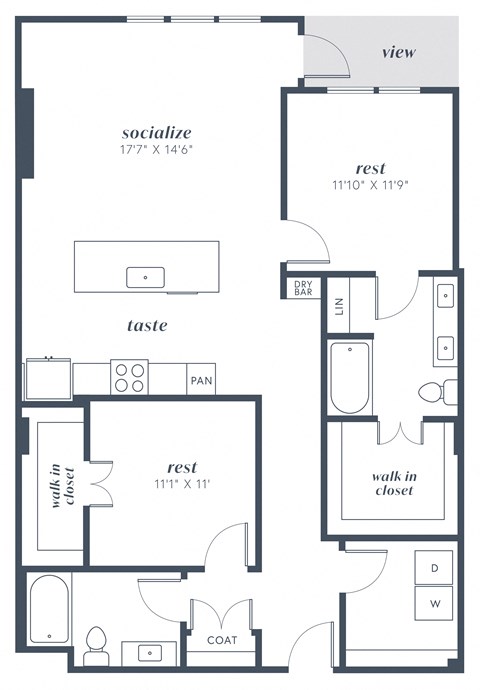 Floor plan for 2 beds, 2 baths, 1265 sqft
