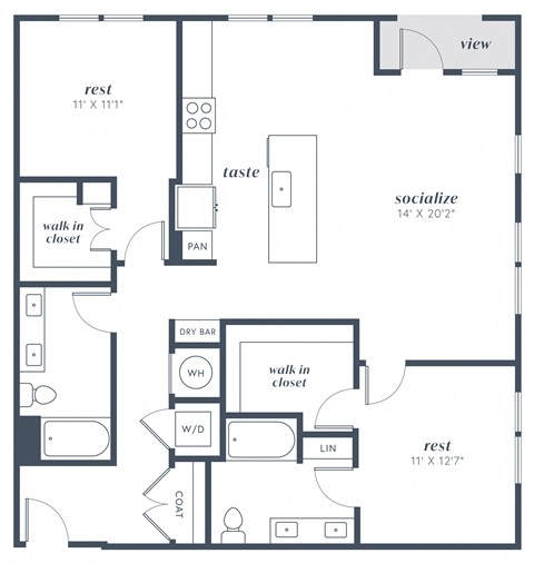 Floor plan for 2 beds, 2 baths, 1327 sqft