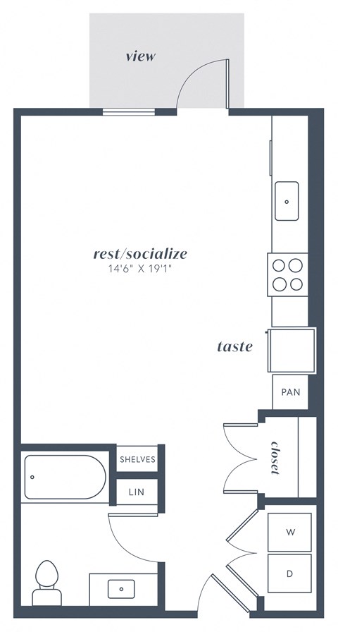 Floor plan for studio, 1 bath, 537 sqft