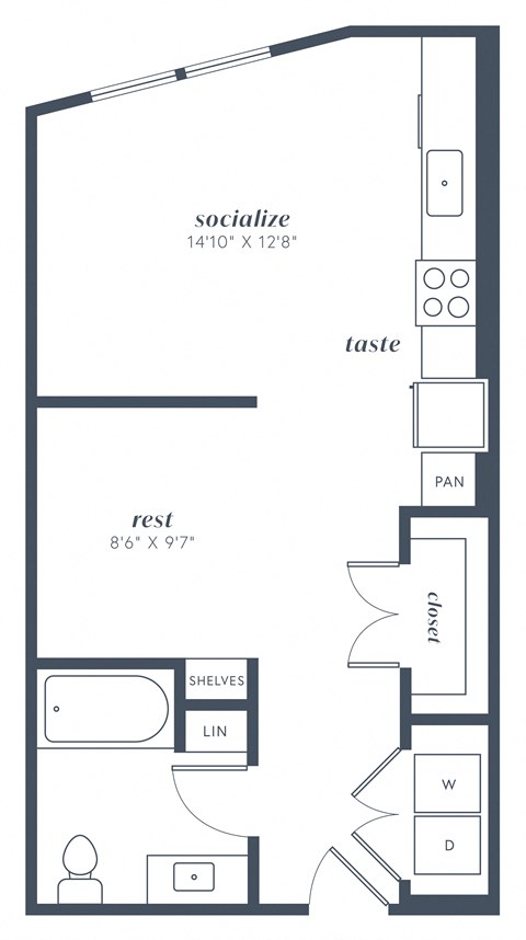 Floor plan for studio, 1 bath, 592 sqft
