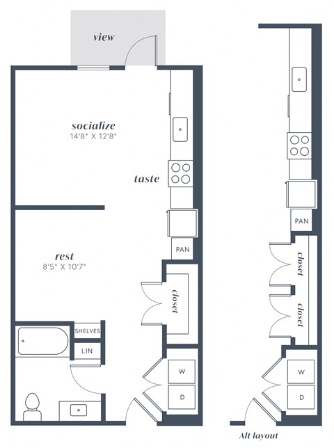 Floor plan for studio, 1 bath, 614 sqft