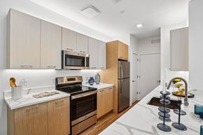 Novi apartment for rent - A modern kitchen with wooden cabinets and stainless steel appliances.