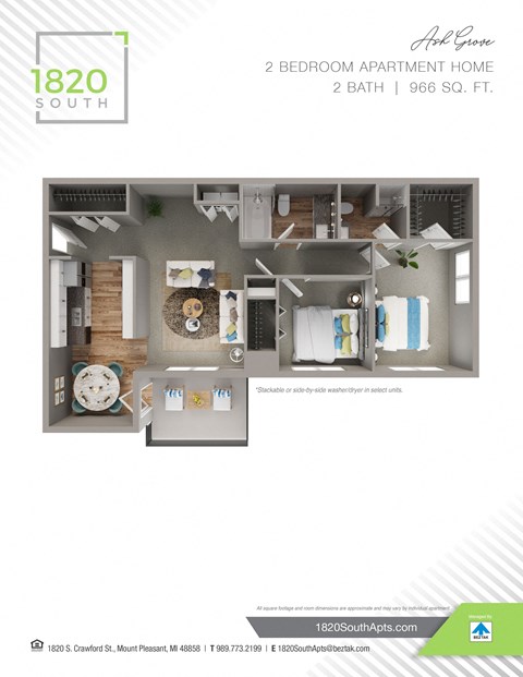Floor plan for 2 beds, 2 baths, 966 sqft