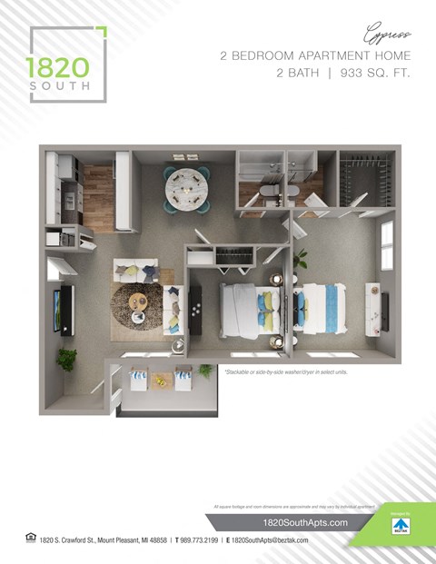 Floor plan for 2 beds, 2 baths, 933 sqft