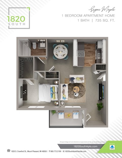 Floor plan for 1 bed, 1 bath, 725 sqft