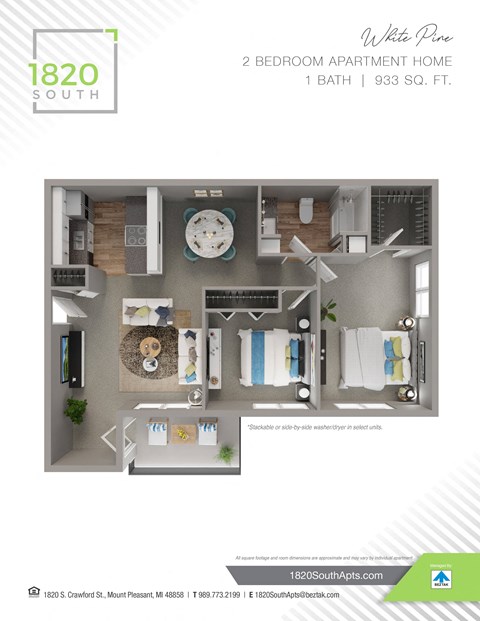 Floor plan for 2 beds, 1 bath, 933 sqft