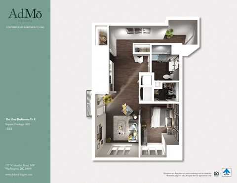 Floor plan for 1 bed, 1 bath, 603 sqft