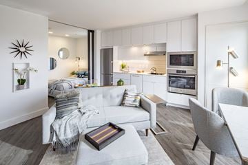 Washington apartment for rent - A modern living room with a grey sofa and a coffee table.