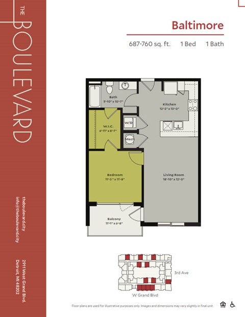 Floor plan for 1 bed, 1 bath, 687 sqft