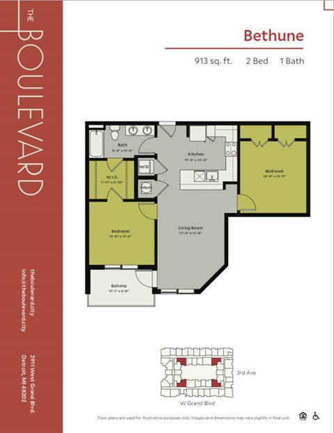 Floor plan for 2 beds, 1 bath, 913 sqft