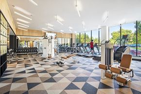 Detroit apartment for rent - a gym with cardio machines and weights on a checkered floor