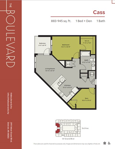 Floor plan for 1 bed, 1 bath, 883 sqft
