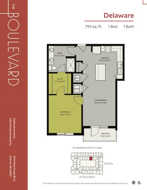 Floor plan for 1 bed, 1 bath, 793 sqft