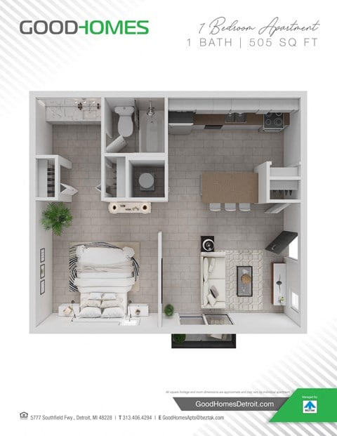 Floor plan for 1 bed, 1 bath, 505 sqft
