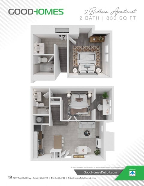 Floor plan for 2 beds, 2 baths, 830 sqft