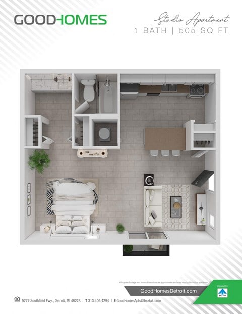 Floor plan for studio, 1 bath, 505 sqft