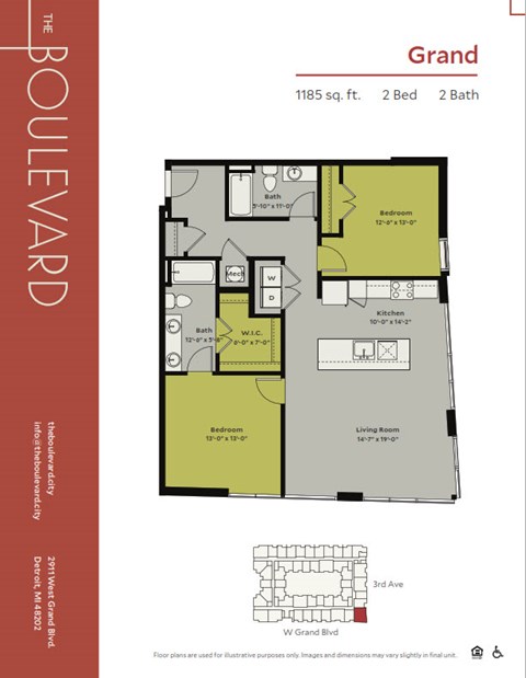 Floor plan for 2 beds, 2 baths, 1185 sqft