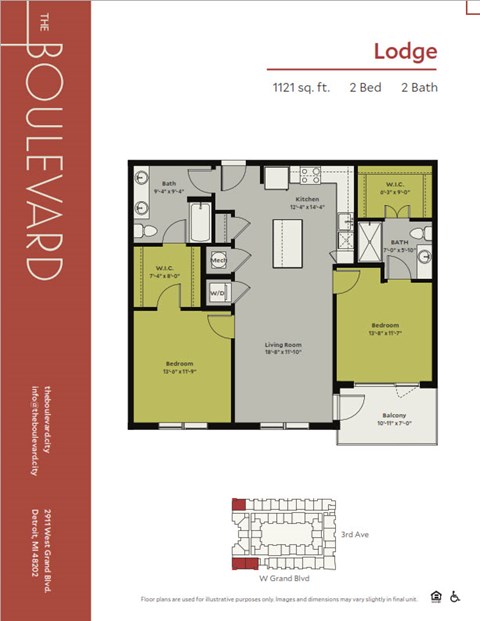 Floor plan for 2 beds, 2 baths, 1121 sqft