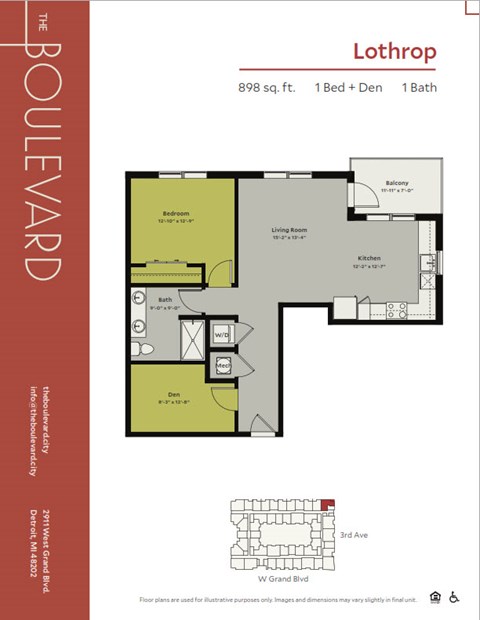 Floor plan for 1 bed, 1 bath, 898 sqft