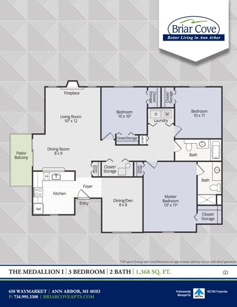 Floor plan for 3 beds, 2 baths, 1368 sqft