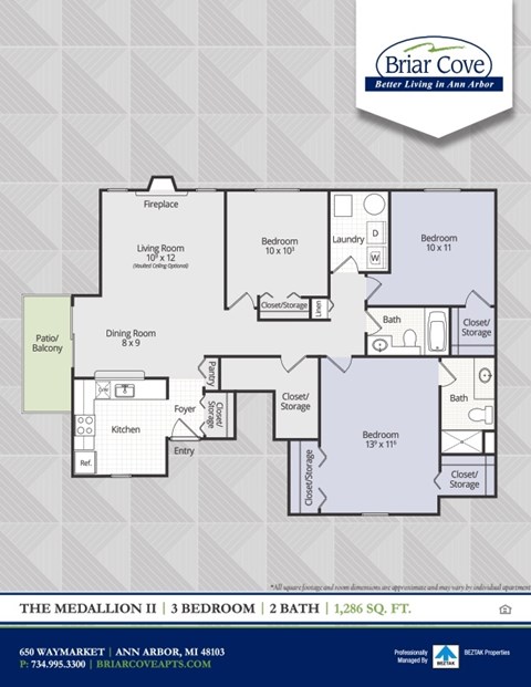 Floor plan for 3 beds, 2 baths, 1286 sqft