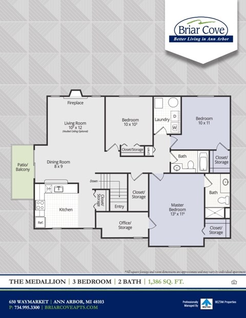 Floor plan for 3 beds, 2 baths, 1386 sqft