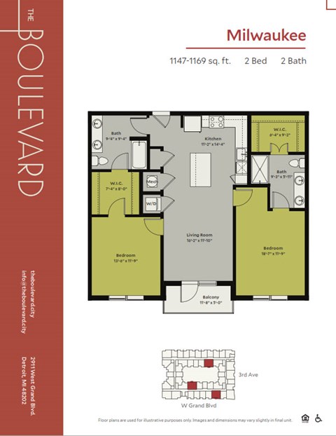 Floor plan for 2 beds, 2 baths, 1169 sqft