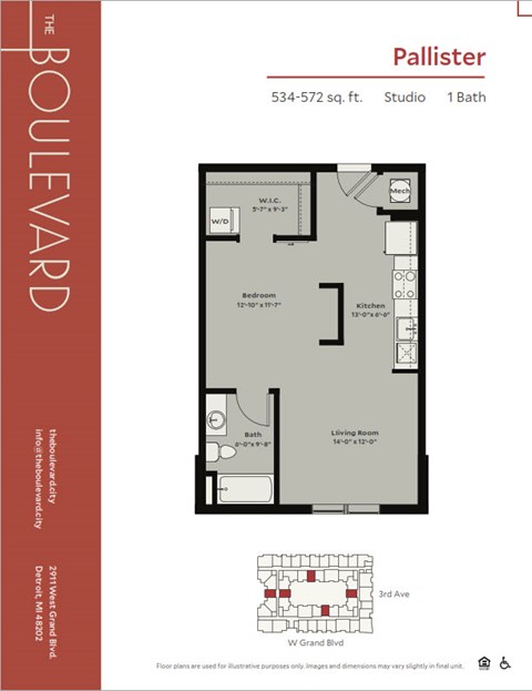 Floor plan for studio, 1 bath, 534 sqft