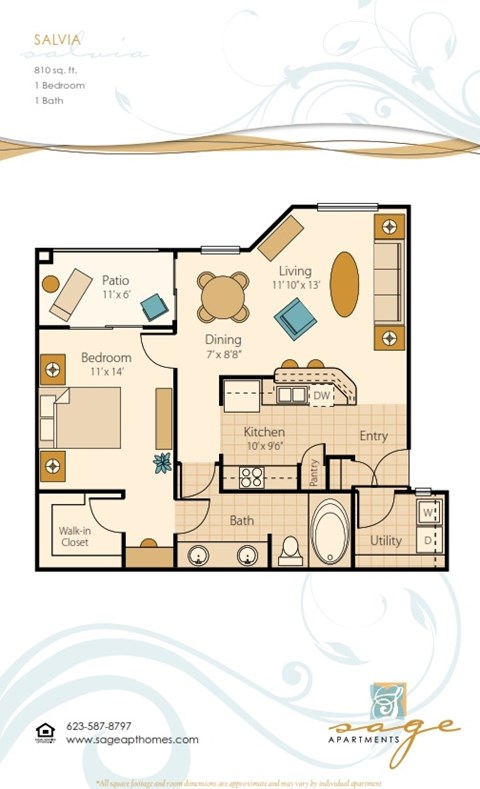 Floor plan for 1 bed, 1 bath, 810 sqft